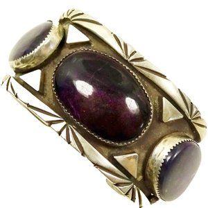 VICTOR HICKS NAVAJO Sterling Silver & Sugilite Cabochons Wide Bracelet 140gram